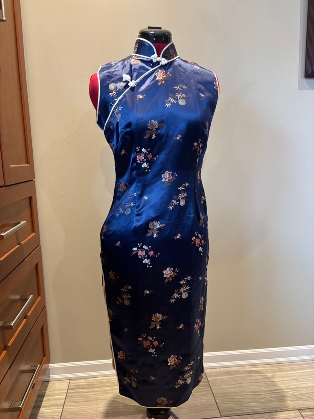 Bespoke 🌸 Navy Silk Cherry Blossom Print  Cheongsam Qipao Midi Dress Sz 2